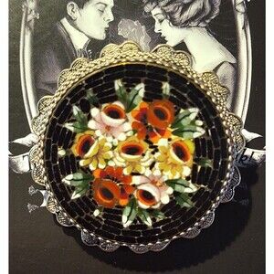 Unique Antique Vintage MICRO MOSAIC Brooch Pin Italian Hand Crafted Silver